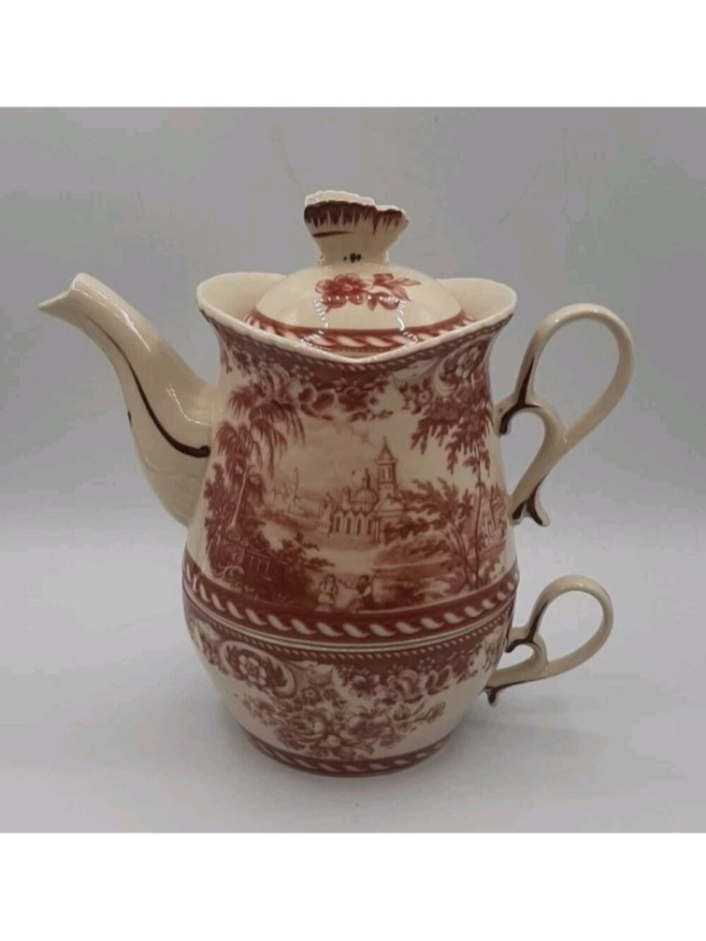 Vtg Red & White Porcelain Victorian Toile Red Transware Tea For One Set NEW